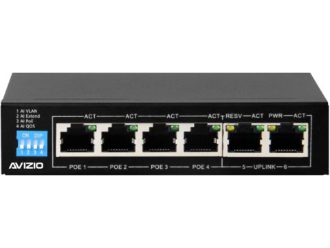 Niezarządzalny przełącznik (switch) 6xRJ45 - 4 porty RJ45 PoE+ 1Gb/s + 2 porty RJ45 Uplink 1Gb/s (budżet mocy 60W) AVIZIO